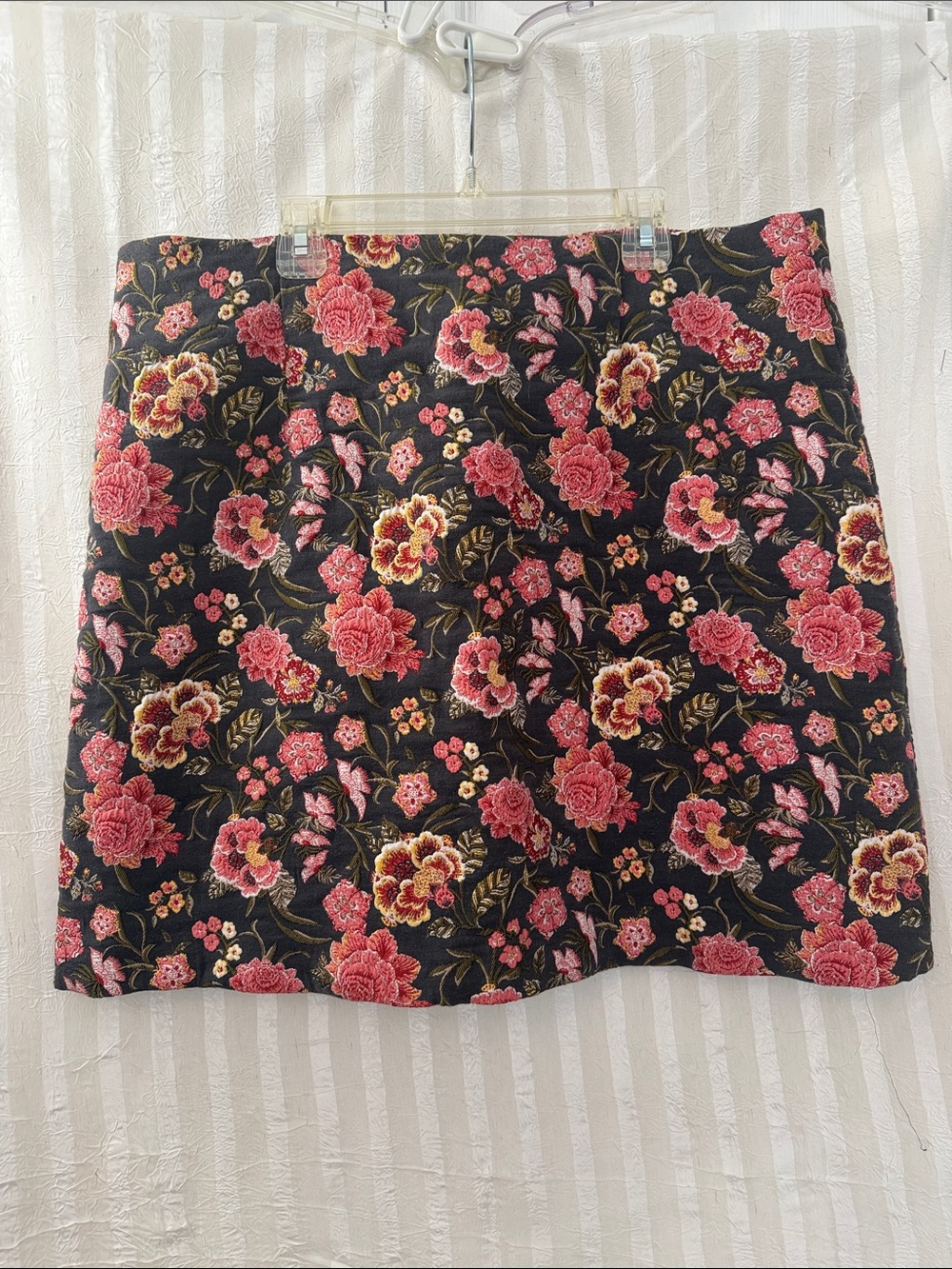 LOFT Black Lined Mini Skirt with Pink Floral Pattern-Size 14